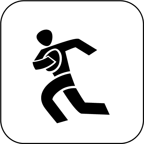 Minimalistische schwarze Silhouette einer Person beim Rugby, in Laufbewegung mit einem Rugbyball im Arm, auf weißem Hintergrund.