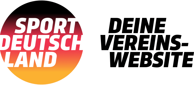 Logo von Sport Deutschland in Rot-Gelb mit dem Schriftzug "Deine Vereinswebsite" auf schwarzem Hintergrund.